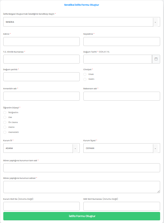 Yeni Yerel Sen Diğer Sendikalardan İstifa Formu Oluşturun